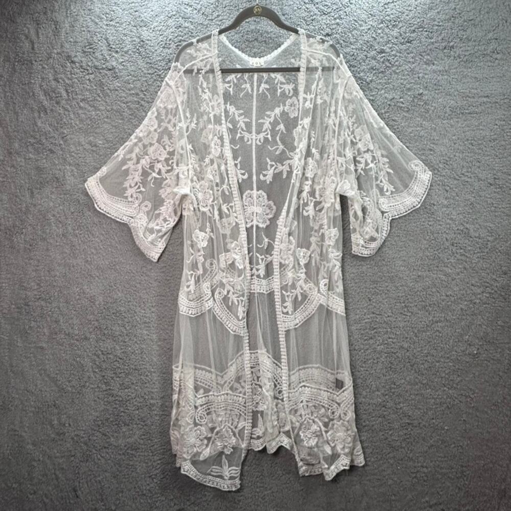 POL Women's S/M White Floral Lace Kimono Robe Romantic Evening Feminine‎ EUC